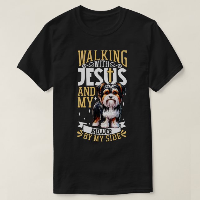 Camiseta Jesus e o cão Biewer Terrier (Frente do Design)