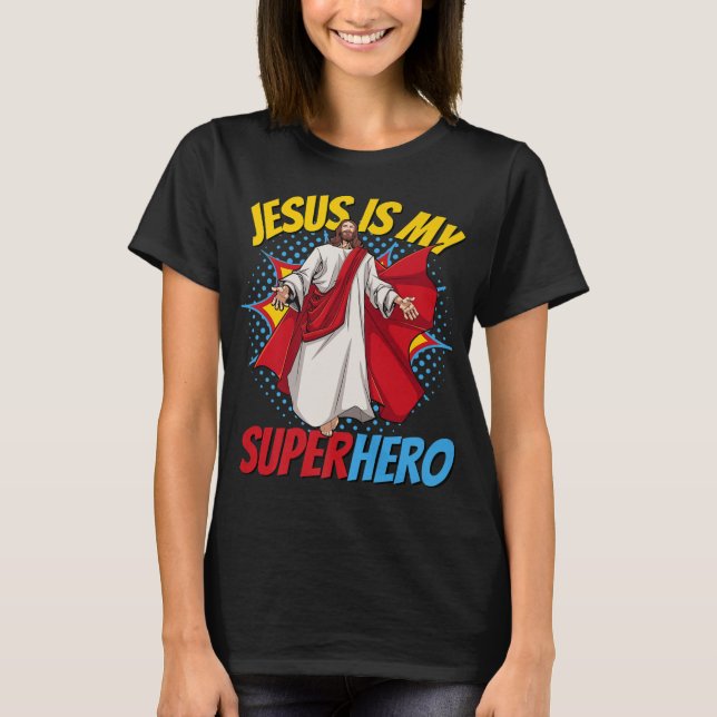 Camiseta Jesus é o meu super-herói poderoso Boo de BD Crist (Frente)