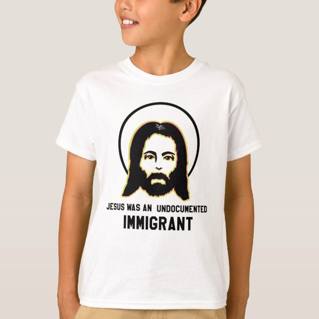 Camiseta Jesus Era Um Imigrante Imigrante Negro Trippy (Frente)