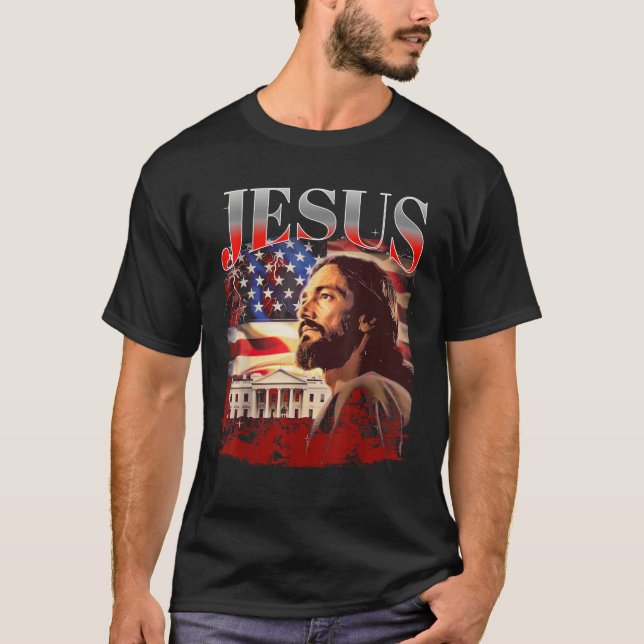 Camiseta Jesus EUA Patriot Meme 90s Bootleg Rap Mer (Frente)