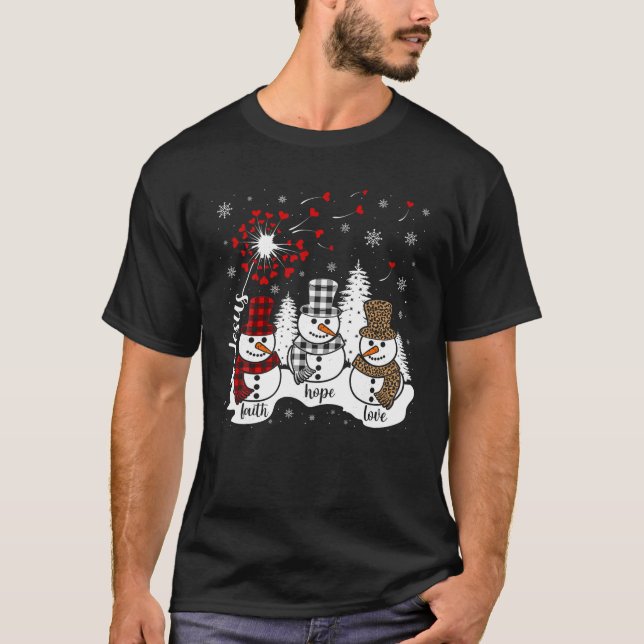 Camiseta Jesus Faith Hope ama Snowman Natal Engraçado Xmas (Frente)