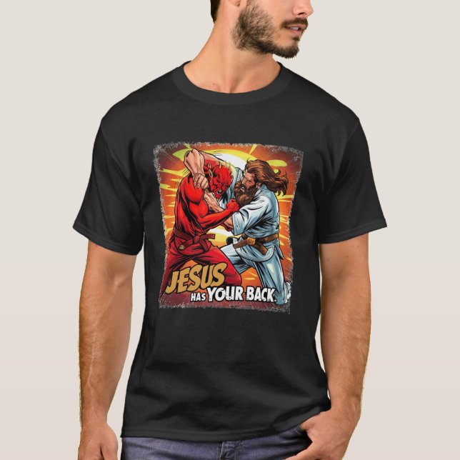 Camiseta Jesus Has Your Back Jiu Jitsu Retro Christian Men  (Frente)