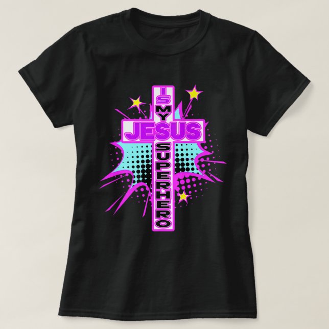Camiseta Jesus Is My Superhero Pop Art Design (Frente do Design)