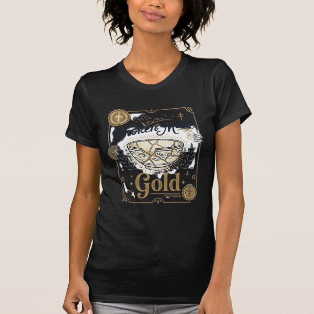 Camiseta Jesus Kintsugi Quebrado Feito Ouro Louça Quebrada (Frente)