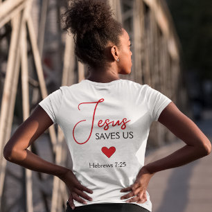 Camiseta Jesus Nos Salva Coração Vermelho Escritura Hebreus