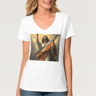 Camiseta Jesus retorna com uma espada de pescoço feminino