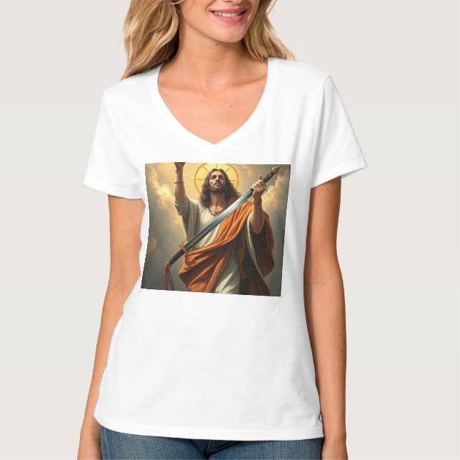 Camiseta Jesus retorna com uma espada de pescoço feminino (Frente)