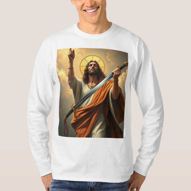Camiseta Jesus retorna com uma lágrima de capa longa dos ho (Frente)
