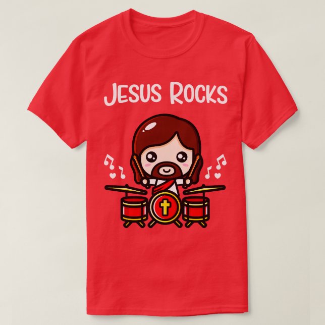 Camiseta Jesus Rocks Bonito Drummer Banda Cristã (Frente do Design)