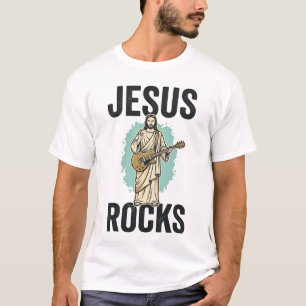 Camiseta Jesus Rocks Guitar Entalhe Cristão Vintage Des