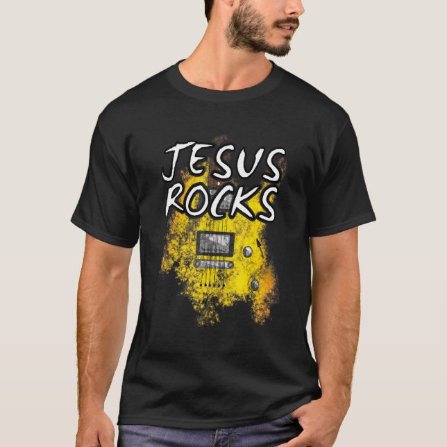 Camiseta Jesus Rocks Guitar Guitarrista Elétrico Christian  (Frente)