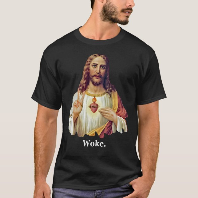 Camiseta Jesus Sagrado Cardíaco Sinal de Paz Retrato Acorda (Frente)