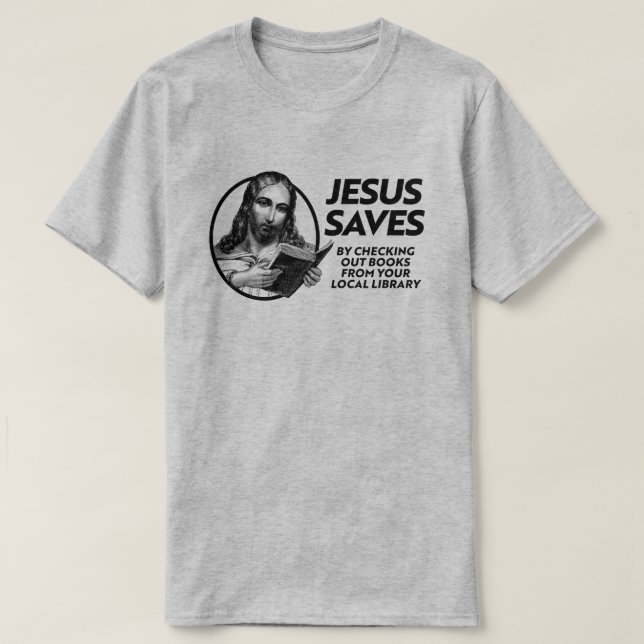 Camiseta Jesus salva ao checar livros da biblioteca (Frente do Design)