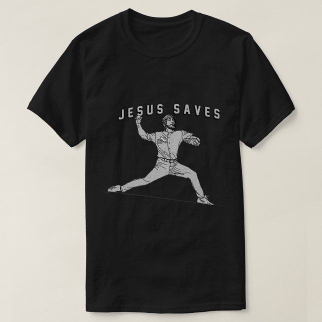 Camiseta Jesus Salva Baseball Pitcher Engraçado Jesus (Frente do Design)
