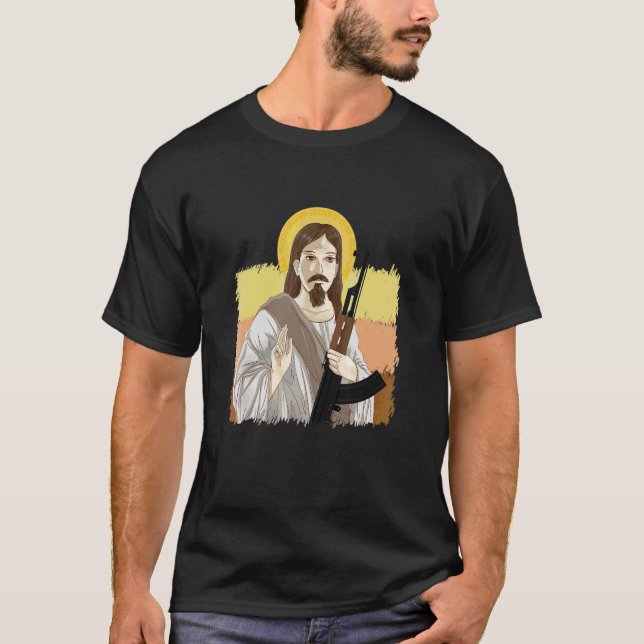 Camiseta Jesus Segurando Ak 47 Gun Metal Perigoso Ak 47 (Frente)