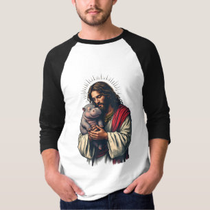 Camiseta Jesus segurando um bebê Moo Deng Hippo
