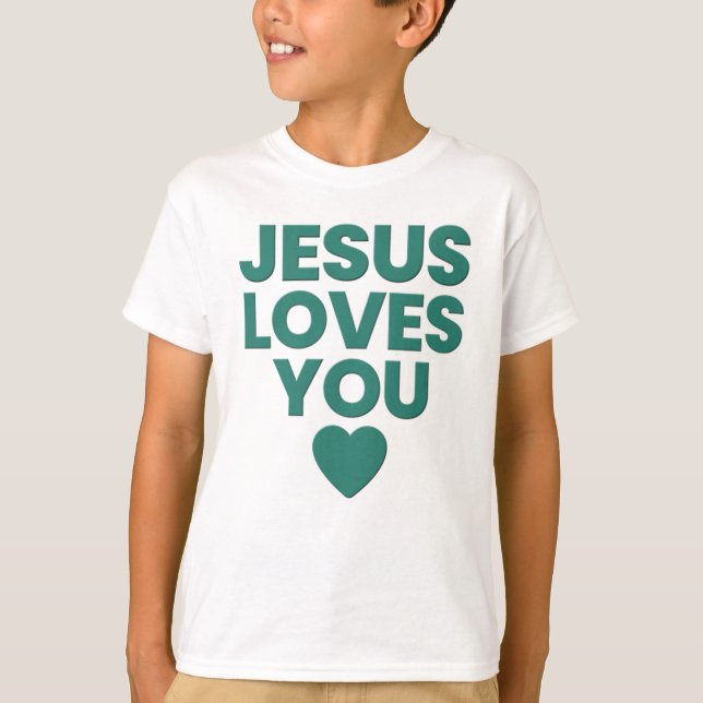 Camiseta Jesus Te Ama, Crianças Cristão, Bela Fé (Frente)