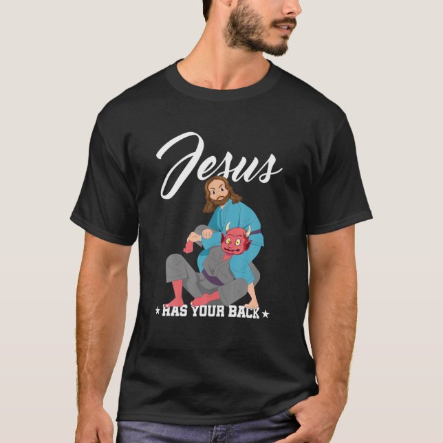Camiseta Jesus Tem Suas Costas Jiu-Jitsu BJJ Engraçado MMA (Frente)