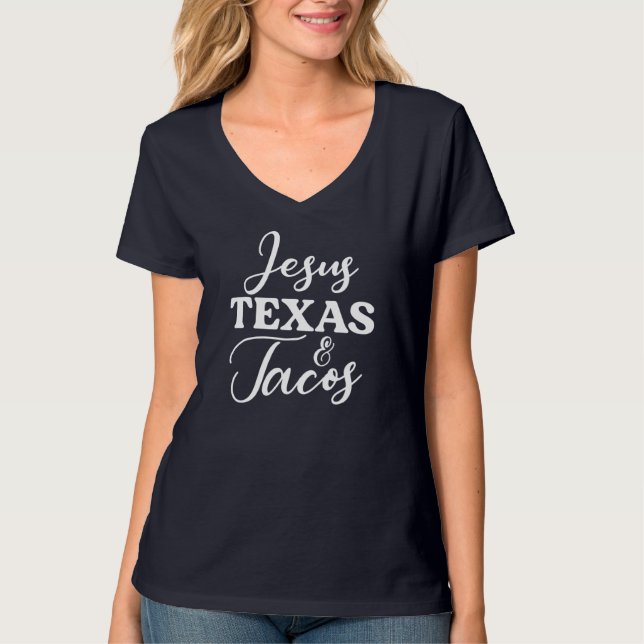 Camiseta Jesus Texas E Tacos Comida Encantada Cinco Cristo  (Frente)