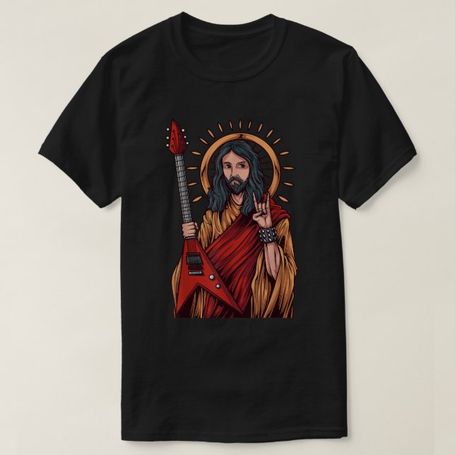 Camiseta Jesus tocando violão de metal pesado (Frente do Design)