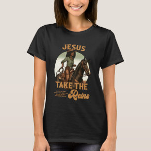 Camiseta Jesus Tome as Rédeas Cristã Vaqueira Preta Ocident