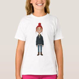 Camiseta Jeune Fille Rousse Souriante avec Bonnet Rouge et 