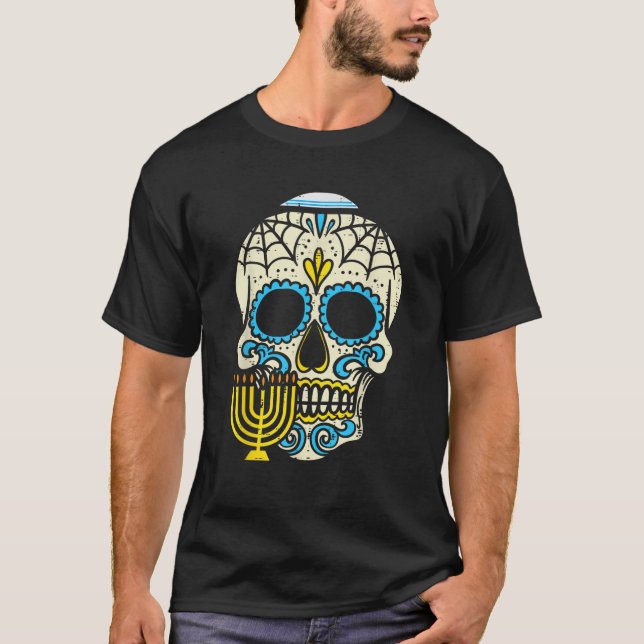 Camiseta Jewish Sugar Skull Menorah Mexican Hanukkah Chanuk (Frente)