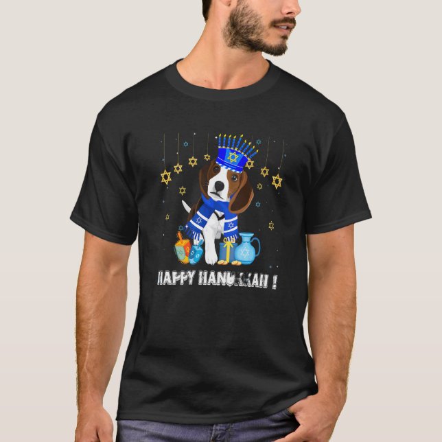 Camiseta Jewle Beagle Dog Menorah Hat Happy Chanukah Hanuk (Frente)