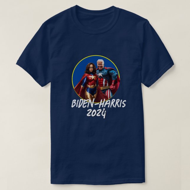 Camiseta Joe Biden e Kamala Harris como Superheros (Frente do Design)