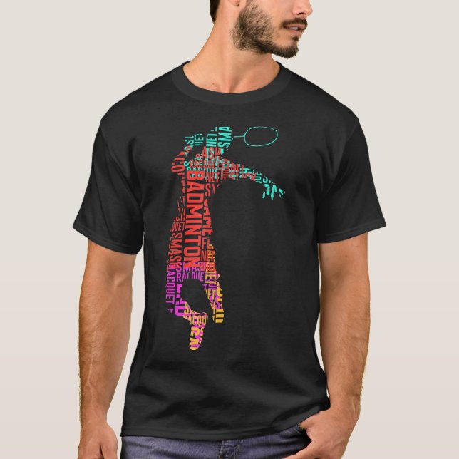 Camiseta Jogador de Badminton Colorido _ Racket do Shuttle  (Frente)
