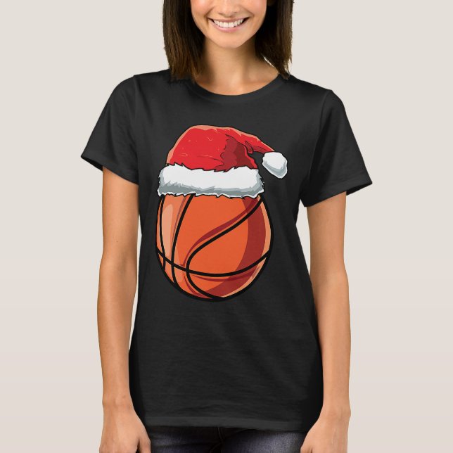 Camiseta Jogador de basquete do Natal Santa Hat Engraçado B (Frente)