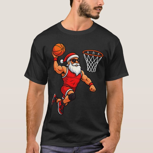 Camiseta Jogador de Basquete do Papai Noel de Natal Jogando (Frente)