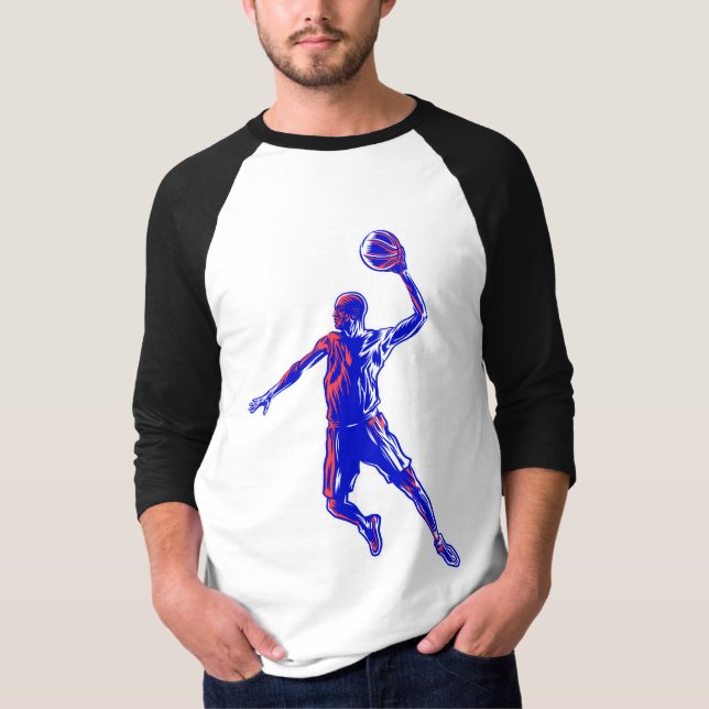 Camiseta Jogador de Basquete Enterrada, Design Azul e Verme (Frente)