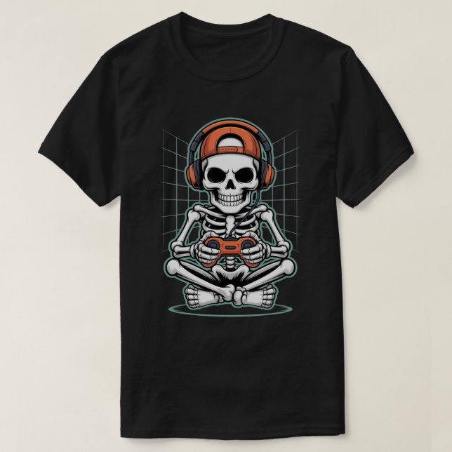 Camiseta Jogador de esqueleto legal com fone e controlador (Frente do Design)
