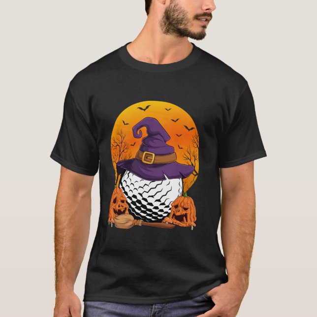 Camiseta Jogador de Golfe de Halloween Feiticeiro de Chapéu (Frente)