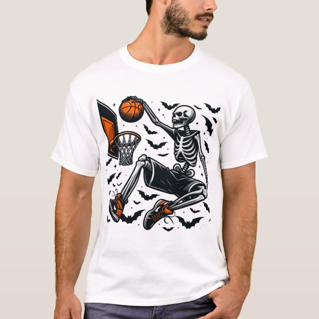 Camiseta Jogador de Halloween do Skeleton de basquete (Frente)