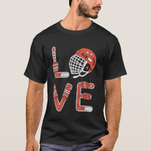 Camiseta Jogador de Hóquei Amor Capacete Stick Luvas Disco 