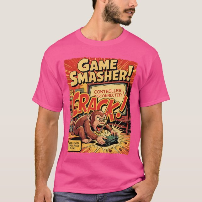 Camiseta Jogador de Raiva de Macaco Console de Cômico Retro (Frente)