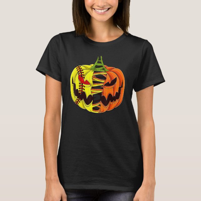 Camiseta Jogador de Softball Halloween Pumpkin Men Meninas  (Frente)
