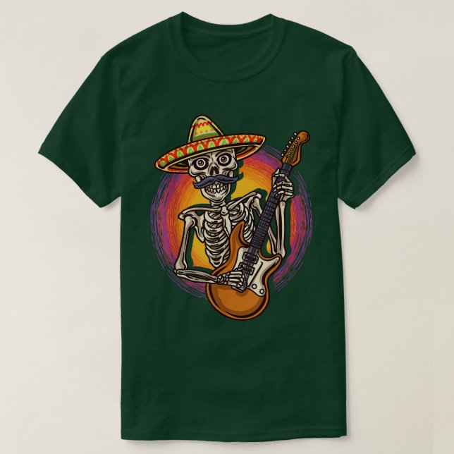 Camiseta Jogador de Violão Rockstar, Colorido Sombrero Skel (Frente do Design)