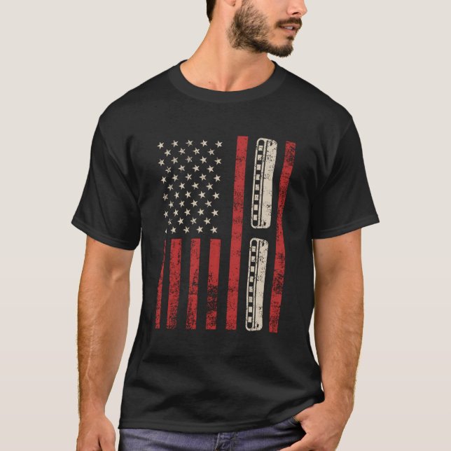 Camiseta Jogador Harmonica Patriótico do Bandeira Americano (Frente)