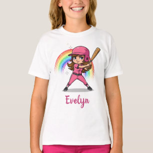 Camiseta Jogadora de Beisebol de Desenho Animado Fofo em Ro