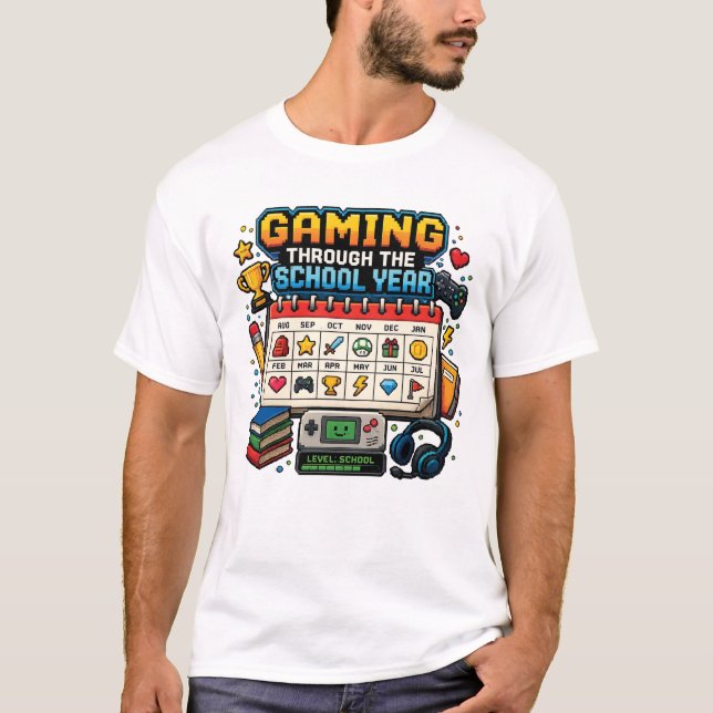 Camiseta Jogando ao Longo do Ano Escolar Retro Pixel Gamer (Frente)