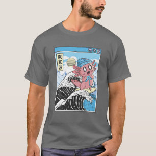 Camiseta Jogando Axolotl Surfing Kanagawa Wave Pastel Kawai