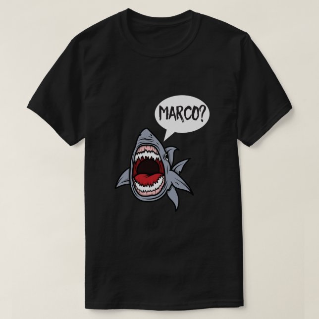 Camiseta Jogando Marco Polo, com fome de tubarão (Frente do Design)