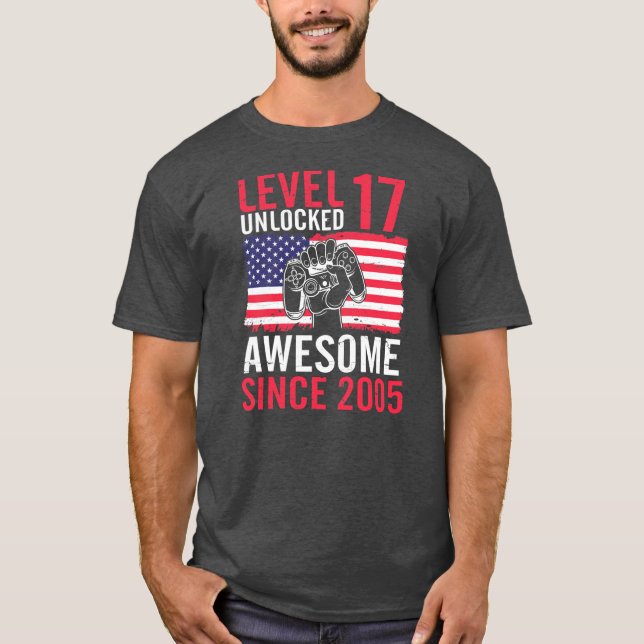Camiseta Jogo de Aniversário Nível 17 Anos Desbloqueado Inc (Frente)