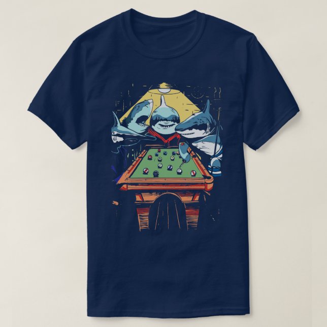 Camiseta Jogo de Bilhares de Tubarões de piscina (Frente do Design)
