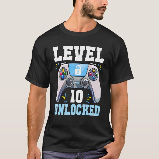 Camiseta Jogo de Vídeo Desbloqueado do Nível 10 10º Anivers (Frente)
