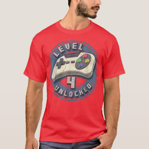 Camiseta Jogo de Vídeo Desbloqueado Nível 4 4º Aniversário 