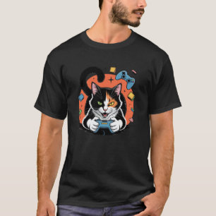 Camiseta Jogo Desenhado à Mão Gato Calico Artístico de Jogo